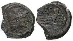 Selections from the Andrew McCabe Collection Q. Marcius Libo. 148 BC. Æ Uncia (17.5mm, 4.06 g, 6h). Rome mint. Helmeted head of Roma right; • (mark of value) behind / Prow of galley right; [Q•M]ARC ab