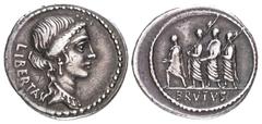 Selections from the Andrew McCabe Collection Q. Servilius Caepio (M. Junius) Brutus. 54 BC. AR Denarius (20mm, 3.77 g, 4h). Rome mint. Head of Libertas right / The consul L. Junius Brutus walking left