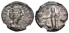 Roman Imperial Manlia Scantilla. Augusta, AD 193. AR Denarius (18mm, 2.76 g, 12h). Rome mint. Struck under Didius Julianus. Draped bust right / Juno standing left, holding patera and vertical scepter;