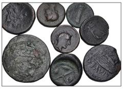 Large Lots GREEK. Magna Graecia & Sicily. Lot of eight (8) Sicilian bronze issues. Includes: Gela (2) // Katane (2) // Kentoripai (1) // Lilybaion (1) // Mamertinoi (1) // Menainon (1). Fine to Good F