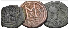 Large Lots BYZANTINE. Lot of three (3) bronze issues of Anastasius I and Justin II. Includes: Anastasius I. Æ Follis // Justin II. Æ Follis // Justin II. Æ Half Follis. Near VF to VF. LOT SOLD AS IS, 