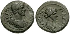 LYDIA, Nacrasa. Hadrian. AD 117-138. Æ 15mm (3.22 g). Laureate and cuirassed bust right / Draped bust of Demos of Nacrasa right. BMC Lydia p. 168; 19; SNG Copenhagen 300; SNG von Aulock 3037. VF, dark