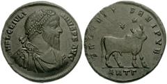 Julian II. AD 360-363. Æ 27mm (8.10 g). Antioch mint, 3rd officina. Pearl-diademed, draped and cuirassed bust right / Bull standing right, two stars above; ANTΓ. RIC VIII -; LRBC -. VF, black patina, 