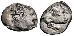 Greek BRUTTIUM, Kroton. Circa 300-250 BC. AR Diobol (11mm, 0.85 g, 9h). Laureate male head right / Pegasos flying right; KPO above. Unpublished type as a diobol, but cf. HN Italy 2196 (drachm); cf. SN