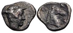 Greek THESSALY, Larissa. Circa 460-400 BC. AR Hemiobol (9mm, 0.40 g, 12h). Head of Jason right, wearing petasos / Λ-A-P-I (the P retrograde) around, head and neck of bridled horse right; all within in