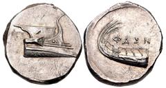 Greek LYCIA, Phaselis. 4th century BC. AR Stater (22mm, 10.37 g, 11h). Prow of galley right / Stern of galley left; ΦΑΣΗ above. Heipp-Tamer Series 6, unlisted variety; CNG 99, lot 287 (same dies, hamm