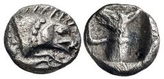 Greek LYCIA, Uncertain. 4th century BC. AR Hemiobol(?) (6.5mm, 0.35 g). Forepart of boar right / Head and neck of hound, wearing leash, left, within incuse square. Falghera –; SNG Copenhagen –; Traité