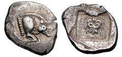 Greek DYNASTS of LYCIA. Uncertain dynast. Circa 500-470/60 BC. AR Stater (21mm, 9.18 g, 9h). Forepart of boar right / Head of lion facing in linear square frame within incuse square. Müseler II, 19–20
