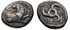 Greek DYNASTS of LYCIA. Kuprilli. Circa 480-440 BC. AR Third Stater (13.5mm, 2.81 g). Uncertain mint. Forepart of lion right, head left, triskeles on side / Triskeles in linear square within incuse sq