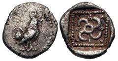 Greek DYNASTS of LYCIA. Teththiweibi. Circa 450-430/20 BC. AR Twelfth Stater – Obol (8mm, 0.60 g). Kandyba mint(?). Cock standing right / Tetraskeles; name (in Lycian) around; all within pelleted line
