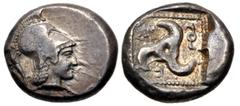 Greek DYNASTS of LYCIA. Vekhssere I. Circa 450-430/20 BC. AR Third Stater (13mm, 2.72 g, 12h). Uncertain mint. Helmeted head of Athena right / Triskeles; diskeles in lower left corner; all within dott