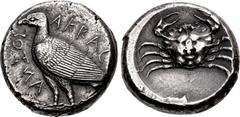 Greek SICILY, Akragas. Circa 465/0–445/0 BC. AR Tetradrachm (24mm, 17.51 g, 1h). Sea eagle standing left; AKRAC-AИTOΣ around / Crab, with carapace in the form of a human face, within incuse circle. We