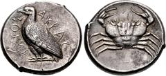 Greek SICILY, Akragas. Circa 465/0–445/0 BC. AR Tetradrachm (27.5mm, 17.44 g, 7h). Sea eagle standing left; AKRAC-ANTOΣ (partially retrograde) around / Crab within incuse circle. Westermark, Coinage, 