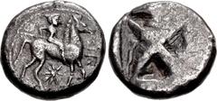 Greek MACEDON, Potidaia. Circa 525-500 BC. AR Tetradrachm (25mm, 16.59 g). Poseidon Hippios, nude, holding trident in right hand and reins in left, on horseback right; star below / Large quadripartite