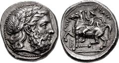 Greek KINGS of MACEDON. Philip II. 359-336 BC. AR Tetradrachm (22mm, 14.48 g, 6h). Amphipolis mint. Struck circa 355-349/8 BC. Head of Zeus right, wearing laurel wreath / ΦIΛIΠΠOY, Philip, wearing kau