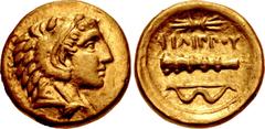 Greek KINGS of MACEDON. temp. Philip II – Alexander III. Circa 340/36-328 BC. AV Quarter Stater (11mm, 2.11 g, 5h). In the name and types of Philip II. Pella mint. Head of Herakles right, wearing lion