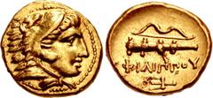 Greek KINGS of MACEDON. temp. Philip II – Alexander III. Circa 340/36-328 BC. AV Quarter Stater (10mm, 2.05 g, 10h). In the name and types of Philip II. Pella mint. Head of Herakles right, wearing lio