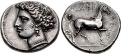 Greek THESSALY, Larissa. Circa 380-370 BC. AR Drachm (19.5mm, 6.08 g, 11h). Head of the nymph Larissa left, in the style of Euainetos, wearing triple-pendant earring and pearl necklace / Bridled horse