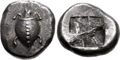 Greek ISLANDS off ATTICA, Aegina. Circa 550-530/25 BC. AR Stater (19mm, 11.95 g). Sea turtle, head in profile, with thin collar and row of dots down its back / Rough incuse square with proto-"Union Ja