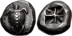 Greek ISLANDS off ATTICA, Aegina. Circa 550-530/25 BC. AR Stater (19mm, 12.37 g). Sea turtle, head in profile, with thin collar and row of dots down its back / Deep incuse square with proto-"Union Jac