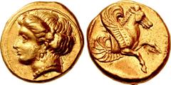 Greek MYSIA, Lampsakos. Circa 394-350 BC. AV Stater (16.5mm, 8.39 g, 11h). Head of female left, wearing triple-pendant earring and necklace / Forepart of Pegasos flying right within shallow incuse squ