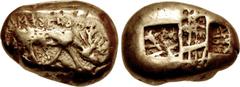 Greek IONIA, Ephesos. Phanes. Circa 625-600 BC. EL Stater (20.5mm, 14.08 g). Stag grazing right, its dappled coat indicated by indentations on the body; ΦANOS EMI SEMA (retrograde) above / Two incuse 