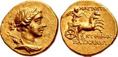 Greek IONIA, Magnesia ad Maeandrum. Circa 125-120 BC. AV Stater (19mm, 8.43 g, 12h). Euphemos, son of Pausanias, "magistrate". Draped bust of Artemis right, wearing stephanos, hair drawn together and 