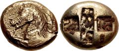 Greek IONIA, Uncertain. Circa 550-525 BC. EL Stater (19mm, 14.24 g). Lydo-Milesian standard. Forepart of bridled horse left; rosette at breast, [floral symbol (lotus?) at nape of the neck] / Two incus
