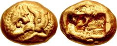 Greek KINGS of LYDIA. Kroisos. Circa 564/53-550/39 BC. AV Stater (17mm, 10.78 g). Heavy standard. Sardes mint. Prototype issue. Confronted foreparts of lion, with "sun" on forehead, and bull / Two inc