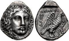 Greek CARIA, Halikarnassos. Circa 400-387 BC. AR Tetradrachm (21.5mm, 15.19 g, 12h). Head of Apollo, wearing laurel wreath, facing slightly right / Eagle standing half-right, wings spread; AΛIKAPNAΣΣ-