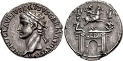Roman Imperial Nero Claudius Drusus. Died 9 BC. AR Denarius (19.5mm, 3.67 g, 8h). Lugdunum (Lyon) mint. Struck under Claudius, AD 41-42. NERO CLAVDIVS • DRVSVS • GERMΛANICVS IMP, head left, wearing oa