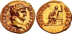 Roman Imperial Nero. AD 54-68. AV Aureus (19mm, 7.28 g, 6h). Rome mint. Struck circa AD 64-65. NERO CAESAR AVGVSTVS, laureate head right / IVPPITER CVSTOS, Jupiter, bare to waist, with cloak around lo