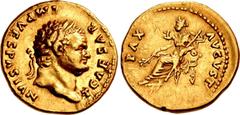 Roman Imperial Titus. As Caesar, AD 69-79. AV Aureus (20mm, 7.34 g, 6h). Rome mint. Struck under Vespasian, AD 75. T CAESAR IMP VESPASIAN, laureate head right / PΛX ΛVGVST, Pax, draped, seated left on