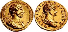 Roman Imperial Hadrian, with Divus Trajan. AD 117-138. AV Aureus (19.5mm, 7.42 g, 6h). Rome mint. Group 1, August-December AD 117. IMP CAES TRAIAN HADRIANO OPT ΛVG G D PΛRT, laureate, draped, and cuir