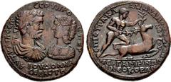 Roman Imperial Septimius Severus, with Julia Domna. AD 193-211. Æ Medallion (43.5mm, 45.89 g, 6h). Pergamum mint; Claudianus Terpander, strategus. • AVT • KAI • Λ • CЄΠ • CЄOVHPO C • ΠЄP around, IOV ∆