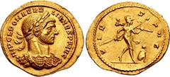 Roman Imperial Aurelian. AD 270-275. AV Aureus (21.5mm, 4.18 g, 12h). Mediolanum (Milan) mint. 3rd emission, AD 272. IMP C L DOM AVRE LIANVS P F AVG, laureate and cuirassed bust right / VIRTVS AVG, Ma