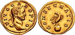 Roman Imperial Divus Carus. Died AD 283. AV Aureus (18.5mm, 4.40 g, 6h). Consecration issue. Lugdunum (Lyon) mint. 10th emission, late AD 284. DIVO CARO PIO, laureate head right / CONSECRATIO, eagle s