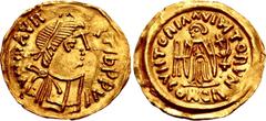 Early Medieval LOMBARDS, Pseudo-Imperial coinage. Circa 620-700. AV Tremissis (17mm, 1.44 g, 6h). Imitating a Ravenna mint issue of the Byzantine emperor Maurice Tiberius (582-602). Type I. Uncertain 