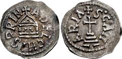 Early Medieval LOMBARDS, Beneventum. Adelchis. 853-878. AR Denier (18mm, 1.11 g, 6h). +ADELCHIS PRIN, temple façade / S • C • A M – – ARIA, Latin cross potent on two steps. Grierson, Coins of Medieval