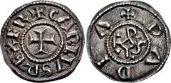 Early Medieval CAROLINGIANS. Charlemagne (Charles the Great). As Charles I, King of the Franks, 768-814. AR Denier (20mm, 1.75 g, 6h). Pavia mint. Struck 793/4-812. + CARLVS REX FR, cross pattée / + P