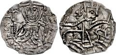 World DENMARK. Erik II Emune. 1134-1137. AR Pfennig (20mm, 0.90 g, 3h). Lund mint; Alwins, moneyer. [+ER]IT [• RE]X • ALVI, crowned facing half-length bust, holding scepter / Erik on horseback right, 