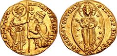 World ITALY, Venezia (Venice). Giovanni Soranzo. 1312-1328. AV Ducato (20mm, 3.53 g, 6h). ·/S/ · /M/ ·/VENETI D/V/X · IO : SVPANTIO, St. Mark standing right and Doge kneeling left, holding cross-tippe