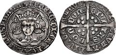 British LANCASTER. Henry V. 1413-1422. AR Groat (25mm, 3.58 g, 5h). Class G. London (Tower) mint; im: pierced cross. + ҺЄnRIC' · DI' · GRΛ' · RЄX · ΛnGLIЄ · 7 · FRΛnC' (saltire stops), crowned facing 