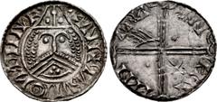 British IRELAND, Hiberno-Norse. Phase IV. Circa 1055/60-1065. AR Penny (18mm, 0.66 g, 6h). 'Scratched-Die' coinage. Helmeted facing bust with triple-strand moustache; trefoil of pellets on chin / Void