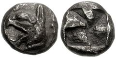 IONIA, Phokaia. Circa 521-478 BC. AR Diobol (9mm, 1.28 g). Head of griffin left; seal behind / Incuse square with pyramidal facets. SNG Copenhagen -; cf. SNG von Aulock 2116 (triobol?); SNG Keckman 30