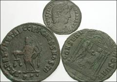 ROMAN. Imperial. 4th century Æ Folles. Includes: Diocletian AE Follis (26mm,10.97g) Aquileia mint / Moneta holding scales and cornucopiae RIC VI 29 // Constantine AE Follis (17mm, 1.57g) Thessalonica 