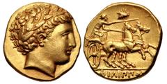 Greek KINGS of MACEDON. Philip II. 359-336 BC. AV Stater (16.5mm, 8.55 g, 12h). Pella mint. Struck circa 345/2-340/36 BC. Head of Apollo right, wearing laurel wreath / ΦIΛIΠΠOY, charioteer, holding ke