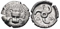 Greek DYNASTS of LYCIA. Mithrapata. Circa 390-370 BC. AR Sixth Stater (14mm, 1.47 g). Wedrei mint. Facing lion scalp; M below / Triskeles; W-E-D (in Lycian) around. Unpublished in the standard referen