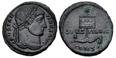 Roman Imperial Constantine I. AD 307/310-337. Æ Follis (18mm, 2.58 g, 6h). Constantinople mint, 1st officina. Struck AD 327. Laureate head right / SPES PVBLIC, labarum, with three medallions on draper