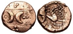 British CELTIC, Iceni. Uninscribed. Circa 60-20 BC. AV Stater (18mm, 5.43 g, 12h). Freckenham Crescents (Icenian B) type. Two crescents facing outward with row of pellets projecting from each; triangl
